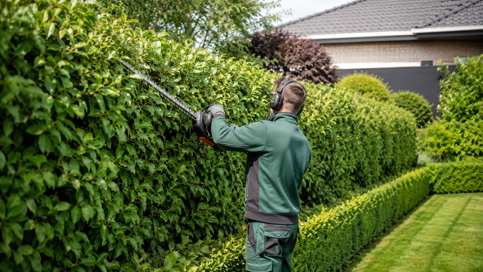 Gartenservice Flensburg: Heckenschnitt mit Heckenschere entlang einer hohen Hecke