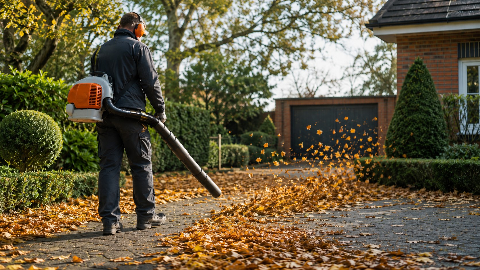 Gartenservice Flensburg: Laubbläser entfernt Herbstlaub von der Einfahrt