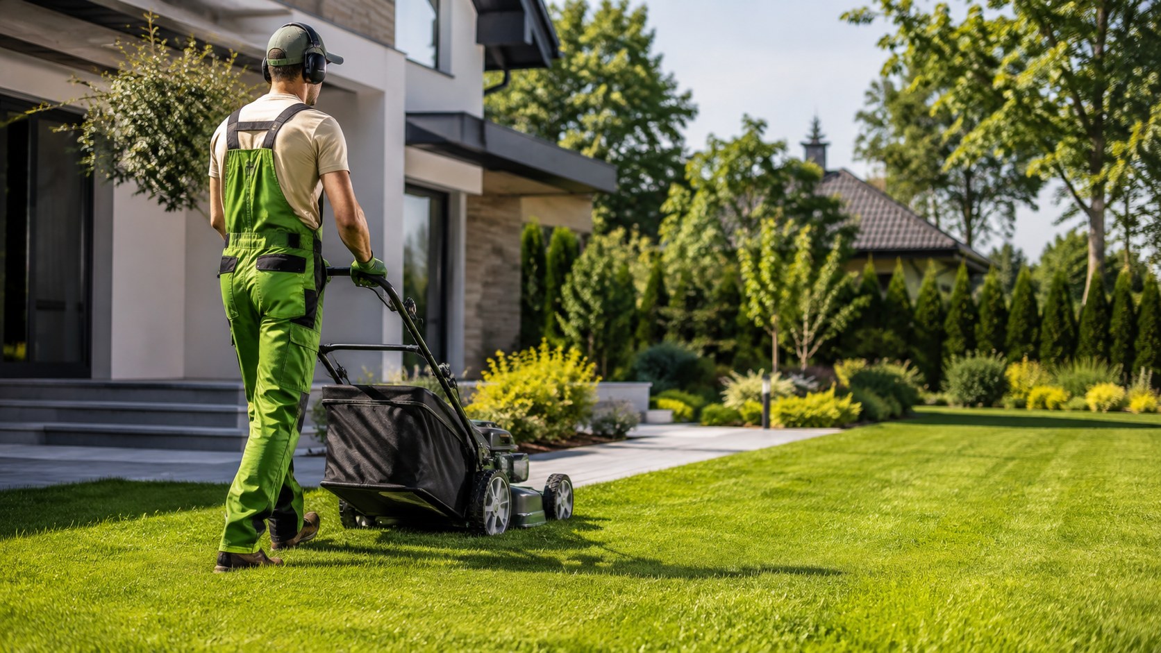 Gartenservice Flensburg: Rasenmähen im gepflegten Garten eines Einfamilienhauses