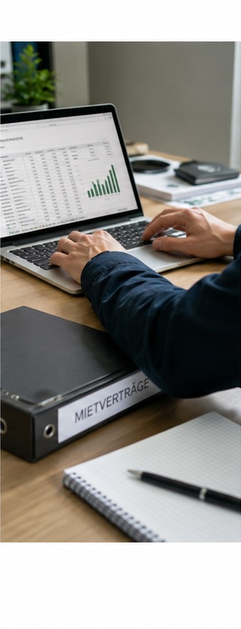 Hausverwaltung Flensburg: Mietverträge und Nebenkostenabrechnung am Laptop