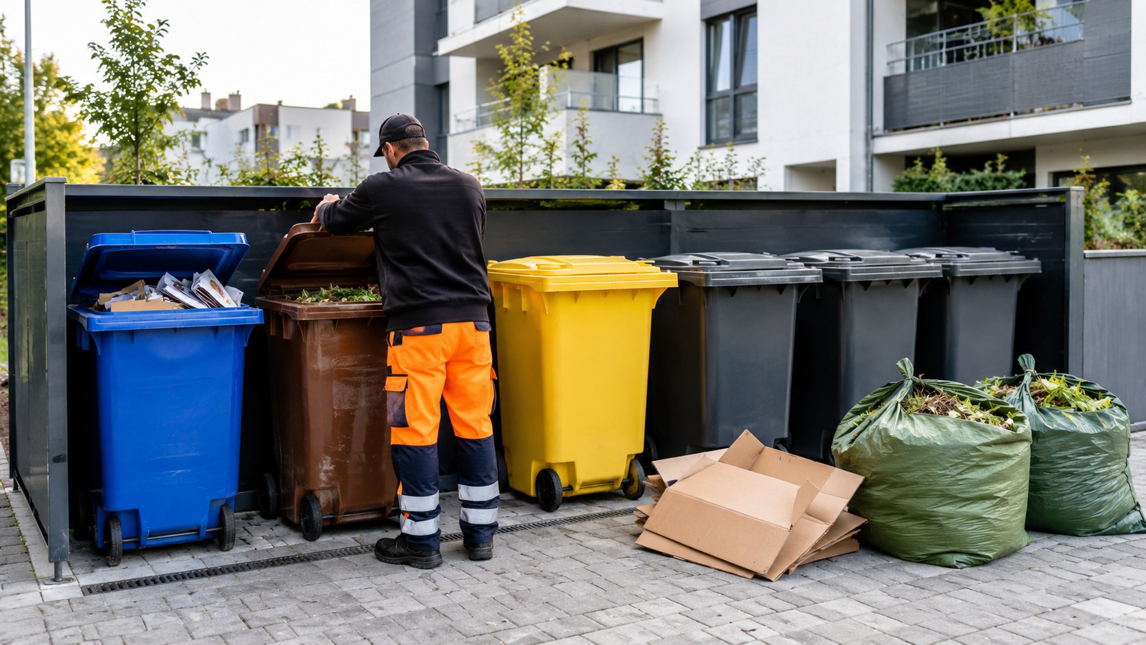 Mülltonnenservice Flensburg: Mülltrennung mit Blauer, Brauner und Gelber Tonne im Innenhof
