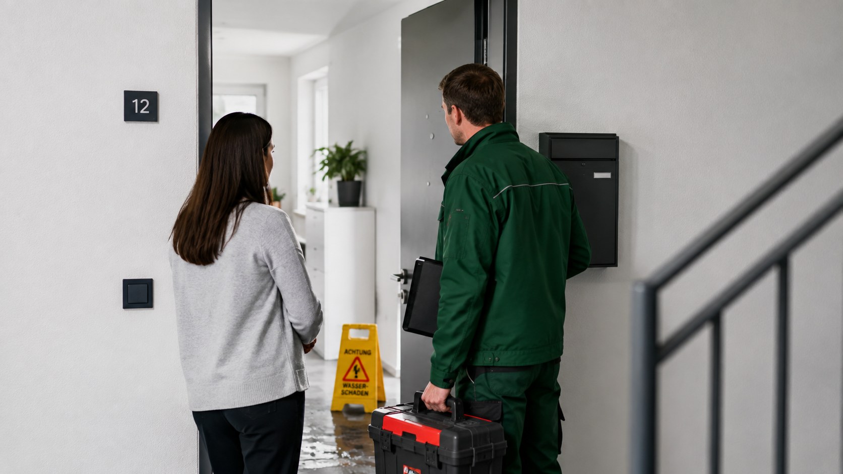 Objektservice Flensburg: Handwerker mit Werkzeugkoffer bei Schadensmeldung Wasserschaden