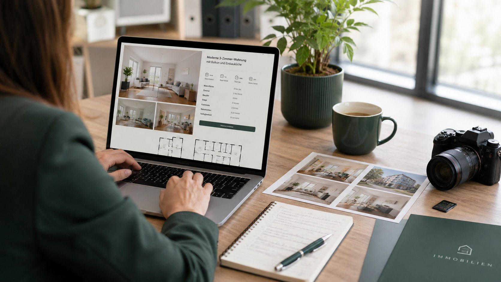 Vermietung Flensburg: Erstellung eines Immobilien-Exposés am Laptop